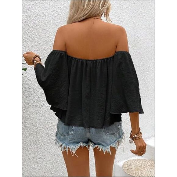 Off Shoulder Ruffle Hem Flowy Chiffon Blouses Top, M, 141T002 - Picture 2 of 2